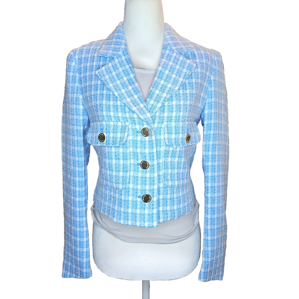 NWT Nine West Blue & white tweed cropped blazer w gold buttons Size XS